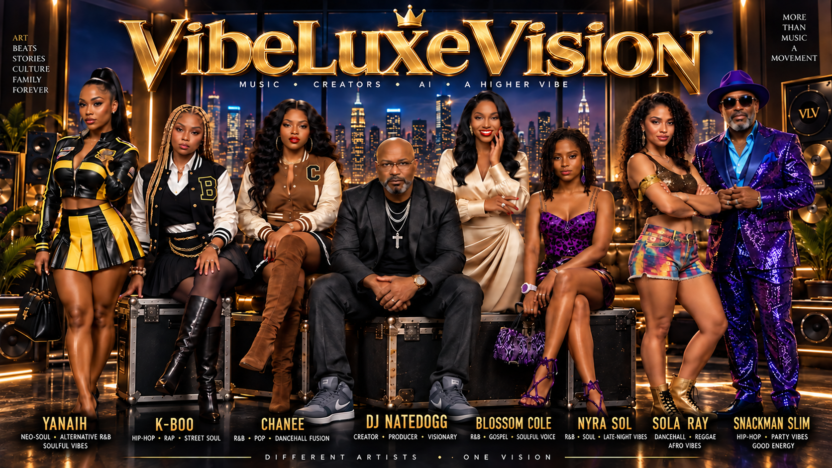 VibeLuxeVision artist lineup with Yanaih, K-Boo, Chanee, DJ NateDogg, Blossom Cole, Nyra Sol, Sola Ray, and Snackman Slim beneath the corrected VibeLuxeVision title
